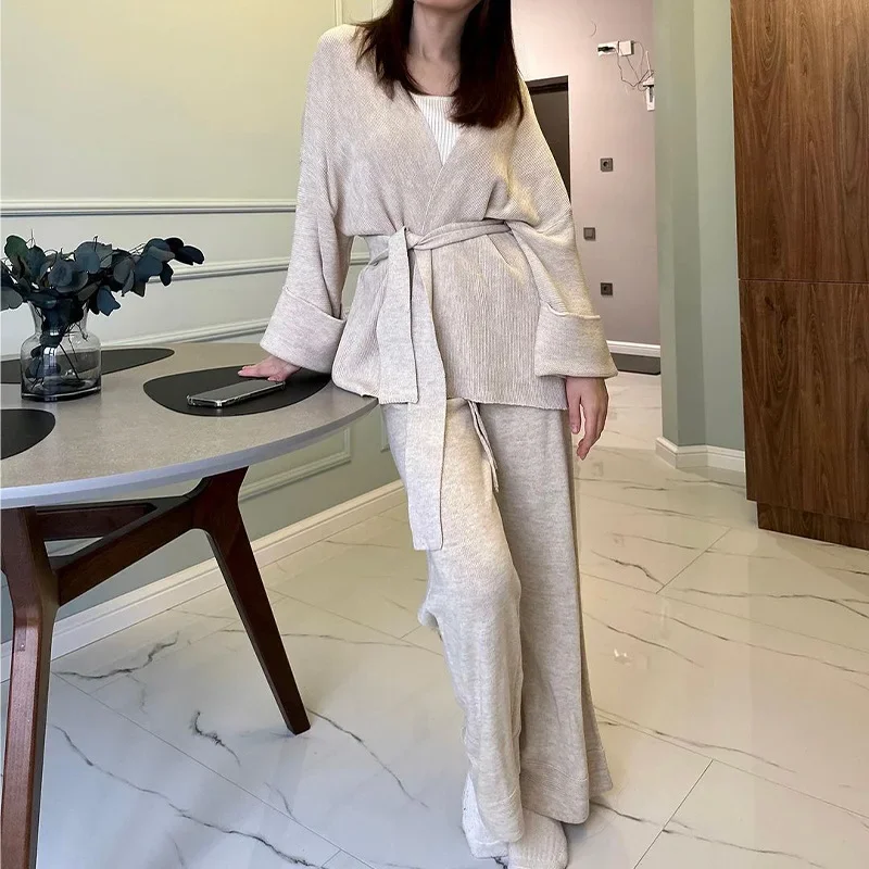 Casual Women's Two-piece Sets Autumn 2024 Solid Loose Home Nightgown Tie Details Tops and Drawstring Wide Leg Pant Pajamas Suit