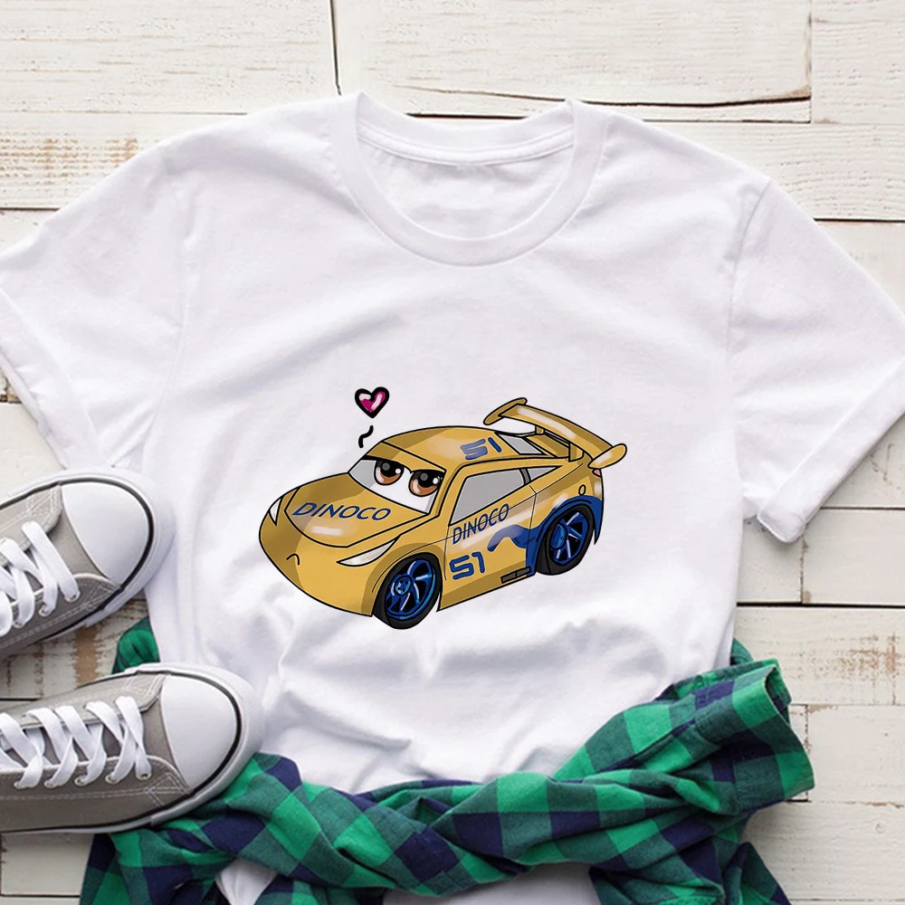 Hot Selling Disney White Print Women T-Shirt Lightning McQueen Graphic Tshirt Cars Series Pattern Casual Cartoon Female T Shirts