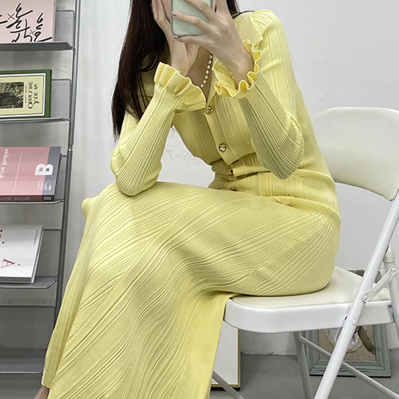 High Quality Spring Summer All-match Butter Yellow Women Knitted Dress Elegant V-neck Single-breasted Petal Sleeve Maxi Dresses