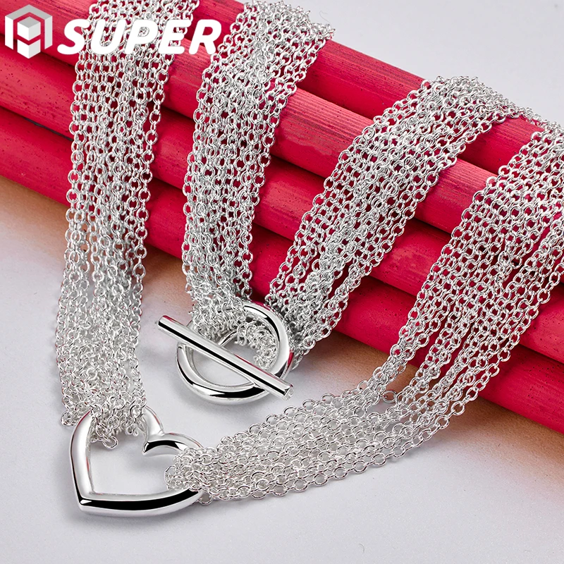 925 Sterling Silver for Women Man Multi Line Chain Heart Pendant Necklace Collier Female Fashion Jewelry