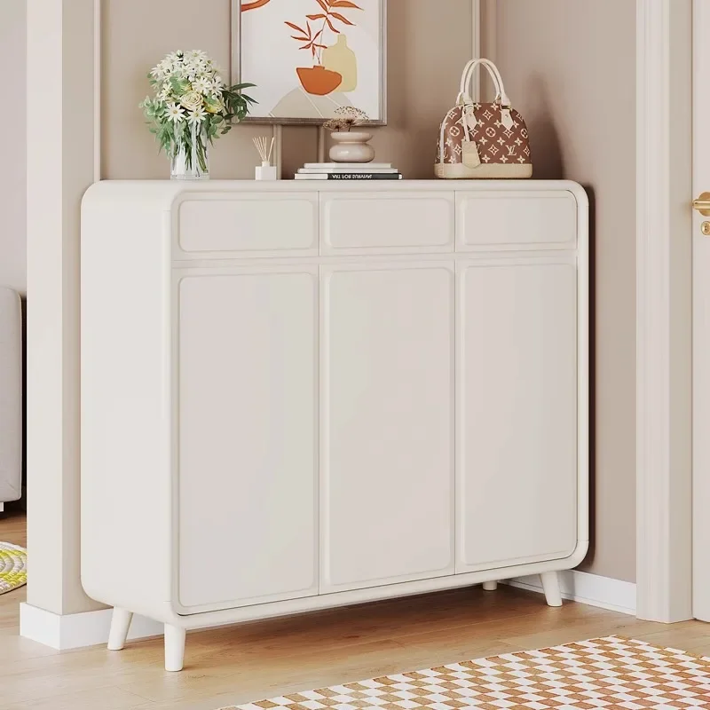 Creamy white solid wood shoe cabinet with two doors and three doors, modern simple household the entrance is against the wall
