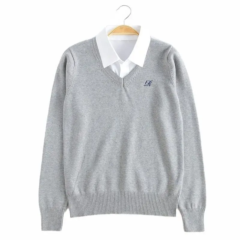 سترة أصلية اقتصادية من طراز Mid-JK بتصميم قطعتين وهمي، برقبة على شكل V وأكمام طويلة محبوكة، مستوحاة من الزي المدرسي للخريف وا...