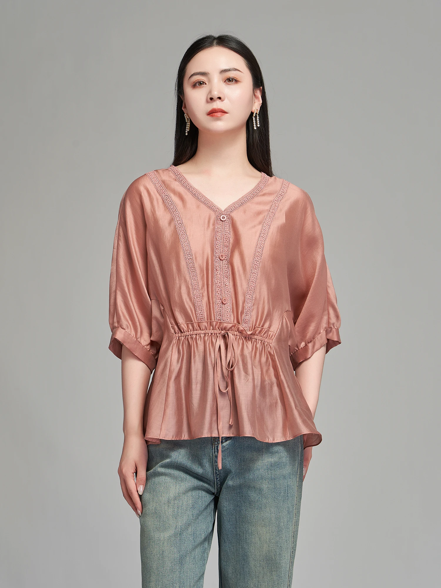 

Sweet Loose Batwing Sve V-Ne irt Lyocell Fabric French Sle Women's irt Summer New Arrival YanZhi Clothing