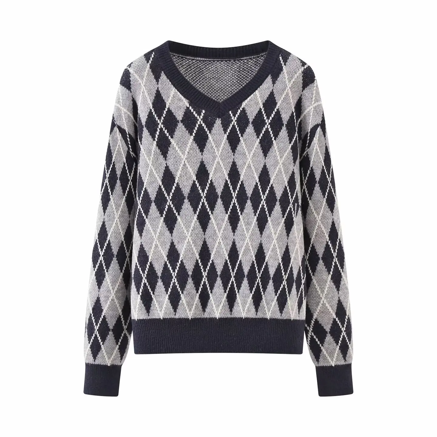 

Women's Retro Knitted Sweater Female V-Neck Diamond Plaid Pullovers Lady Casual Versatile Long Sleeved Knitted Clothing