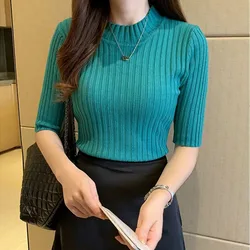 Summer Korean Casual Elegant Knitted Solid Color Women Blouse Pullover Thin Half Sleeve Shirts Femal New Fashion 13466