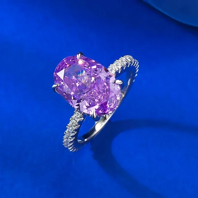 New S925 Silver High Carbon Diamond Purple Diamond 8 * 12 Elliptical Redion Ring for Women