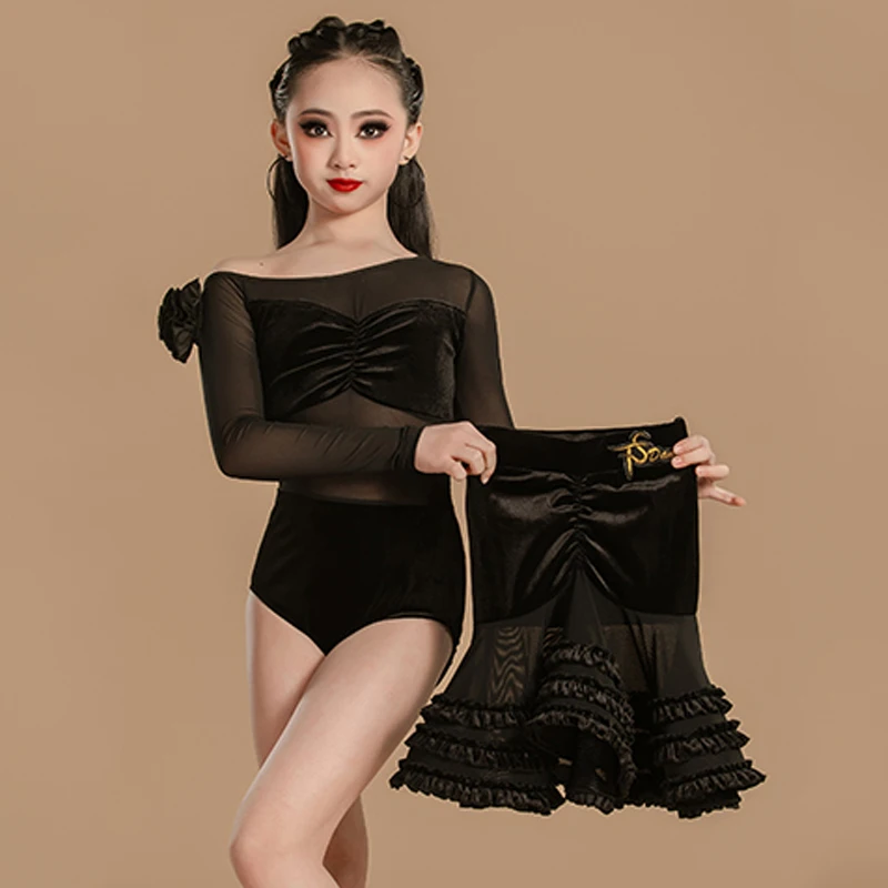

Одежда для латинских танцев, черное платье для соревнований для девочек, детская одежда с длинными рукавами для ча-ча, одежда для выступлений, комплекты тренировочных платьев BL14913