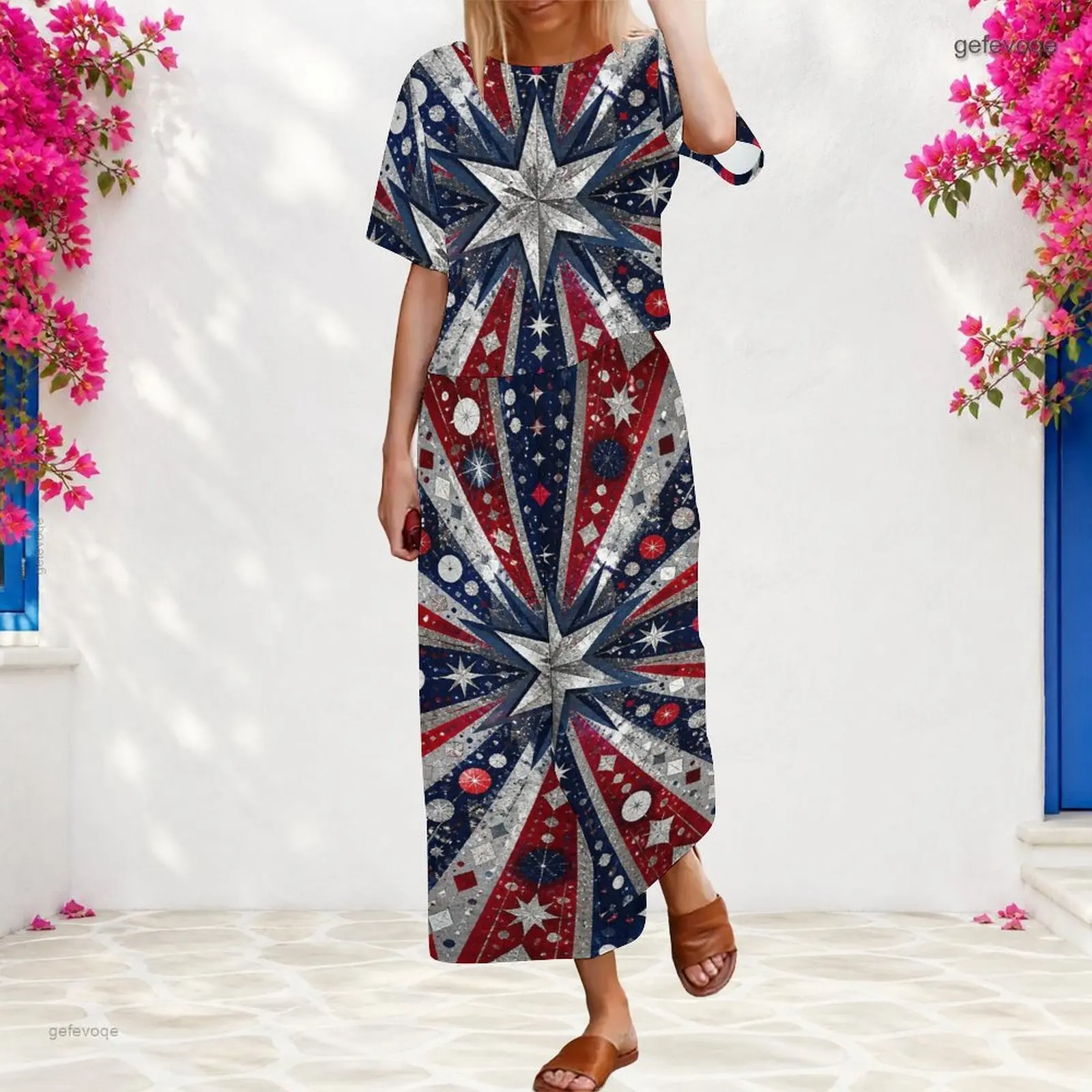 Women 2 Piece Outfit Round Neck Short Sleeve Top With Elastic Waist Wide Leg Pants Set Custom Print Ladies Casual Loungewear