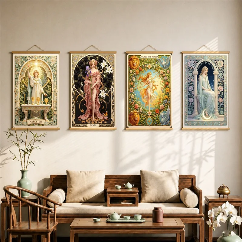 Wall Art Mystical Floral Card Figure, Art Nouveau Pearlescent Canvas Hanging Scroll with Wooden Rods for Perfume Boutique