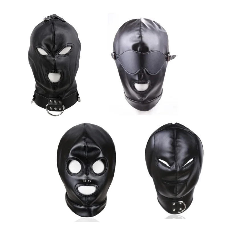 Adult Sexy Black PU Leather Head Bondage Hood Mask Men Cosplay Party Costume Head Cover Zipper Open Eyes Nightclub Accessories