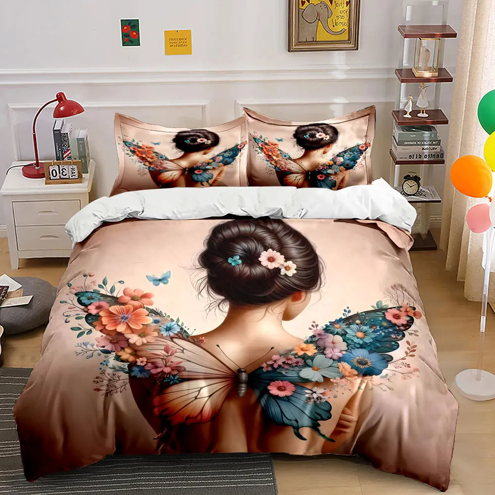 

"Elegant Floral Butterfly Design Set" Exquisite three-piece bedding set gift for kids and adults