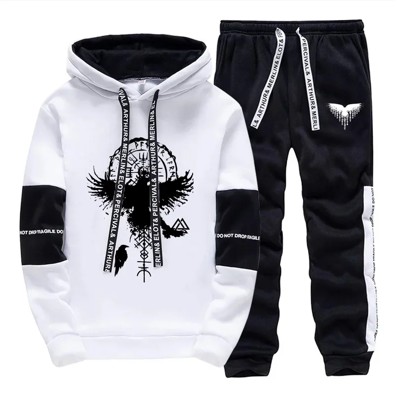 

2025 New Trendy Men's Tracksuit Urban Casual Fashion Hooded Sweatshirts Sweatpants Ancient Viking Raven Print Hoodies Sportswear