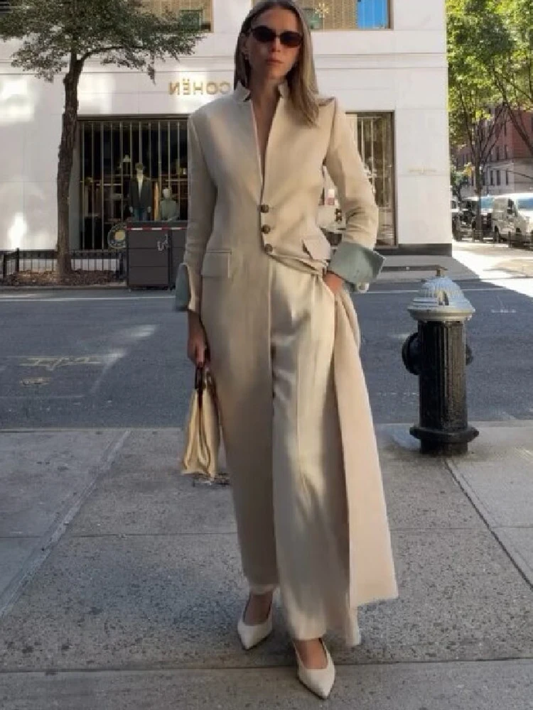 Women Chic Beige Stand Collar V Notch Long Maxi Blazer Coat Single Breasted Outerwear Elegant Office Daily Fall Street Outfit