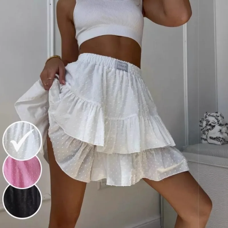 Summer New Style Pure Cotton Lace Hem Cake Skirt High Waist Half Body Pants Skirt Korean Pattern Knitted Solid Color