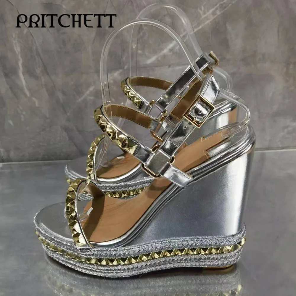 Gold Rivets One-Piece Espadrilles Round Toe Wedges Silver High-Heeled Sandals Fashionable Large Size Personalized Women's Shoes