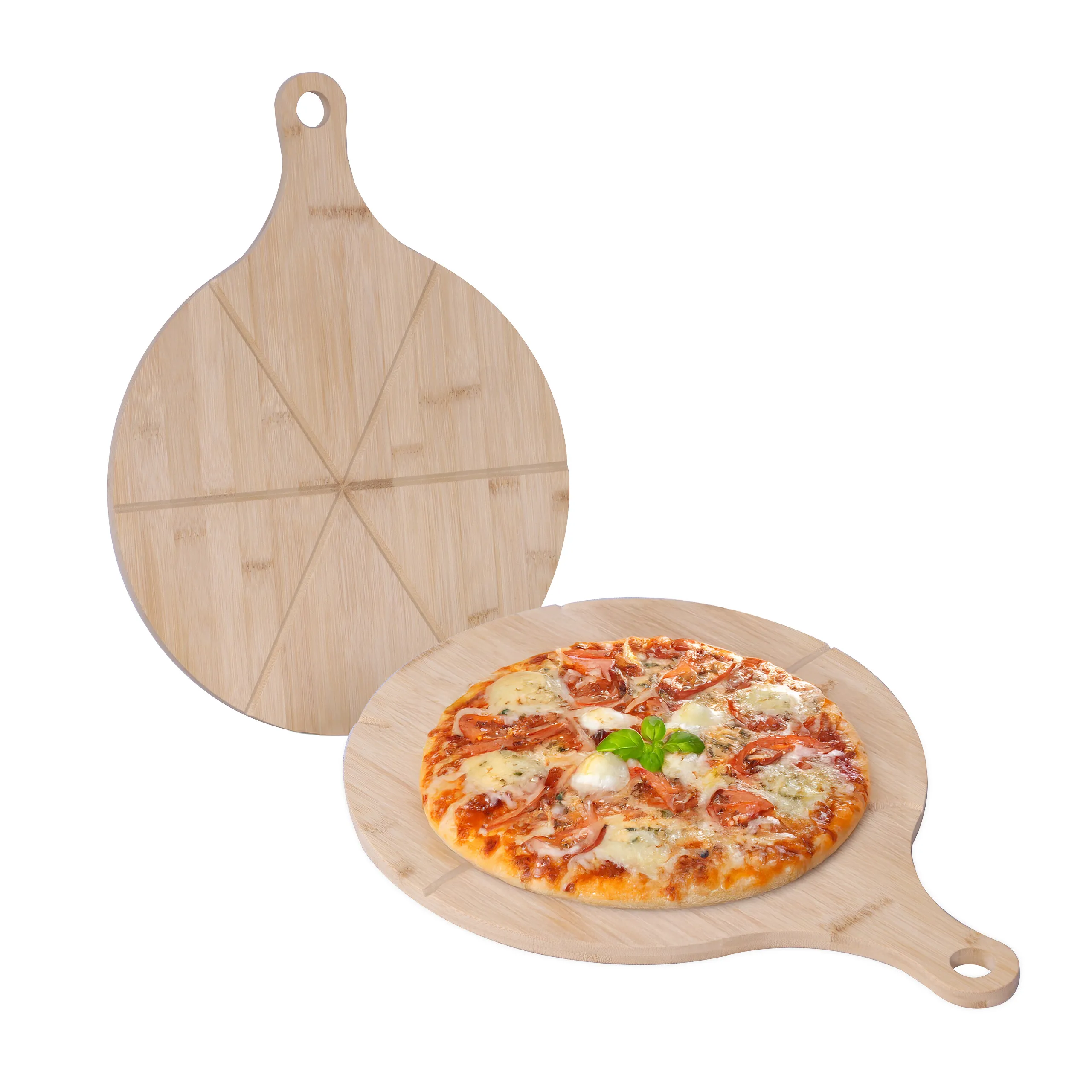 Planches à pizza, lot de 2, rainures pour couper 6 parts, pour pizza et tarte flambée, bambou, rondes, ø 33 cm, avec poignée et trou, Relaxdays