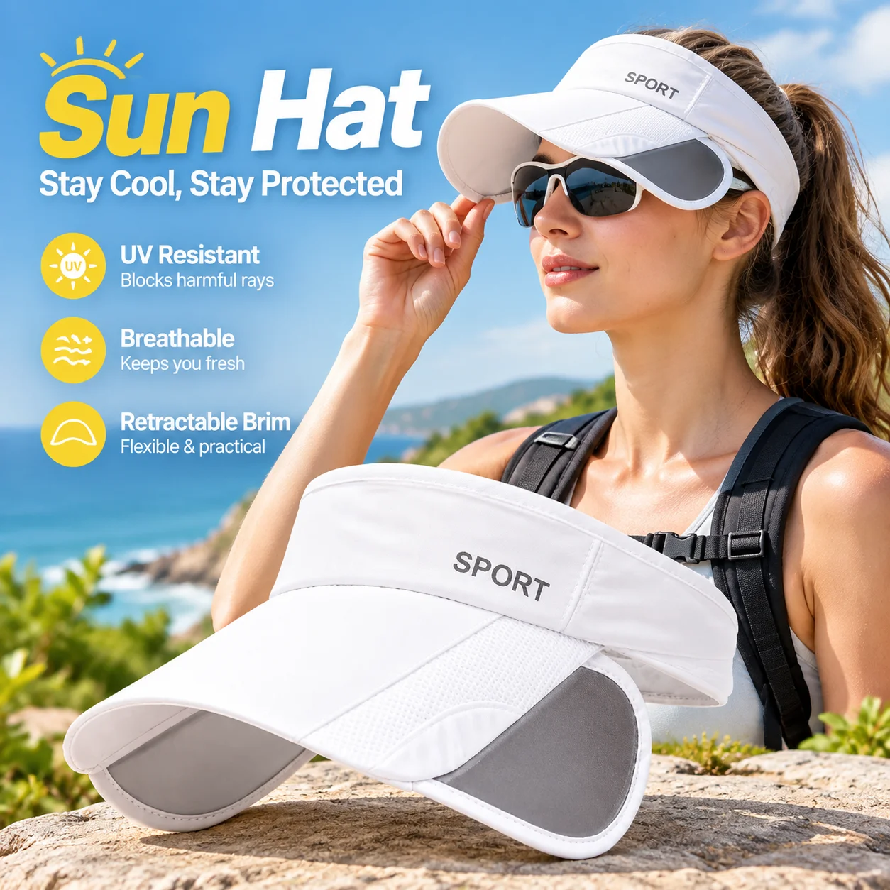 Women's Sun Visor Hat with Retractable Brim UV Protection Outdoor Sports Cycling Running Cap Adjustable Summer