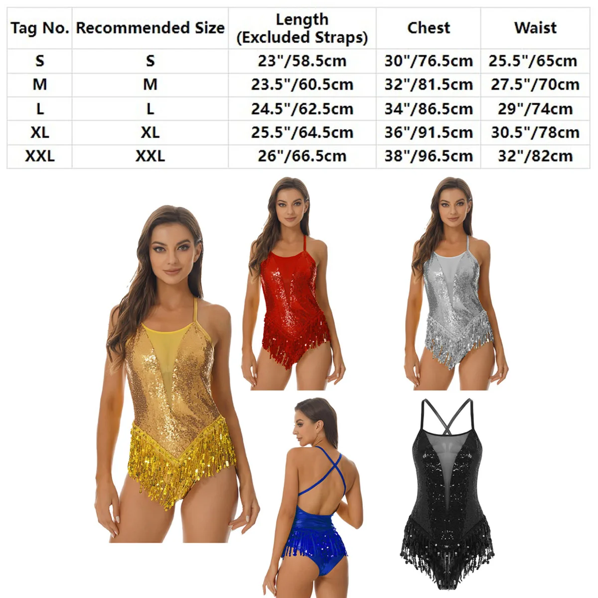 Damskie cekiny Tassel Leotard Dancewear bez rękawów brokat frędzlami Ballroom Latin Dance body jednoczęściowe strój do tańca jazzowego