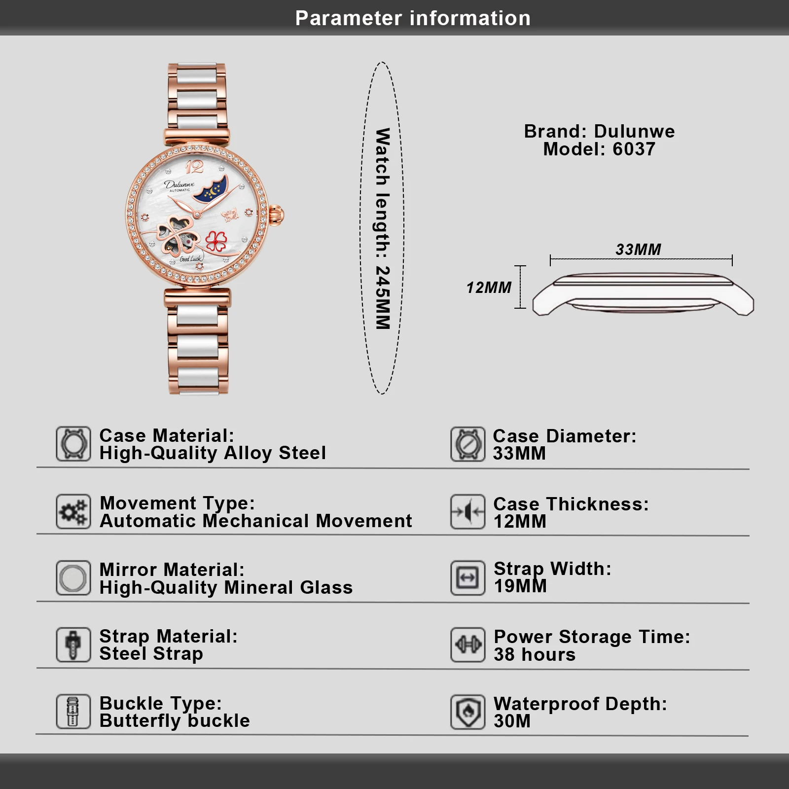 ساعة Dulunwe ميكانيكية أوتوماتيكية بالكامل مقاومة للماء للنساء، ساعة عصرية للشمس والقمر والنجوم متعددة الوظائف #2