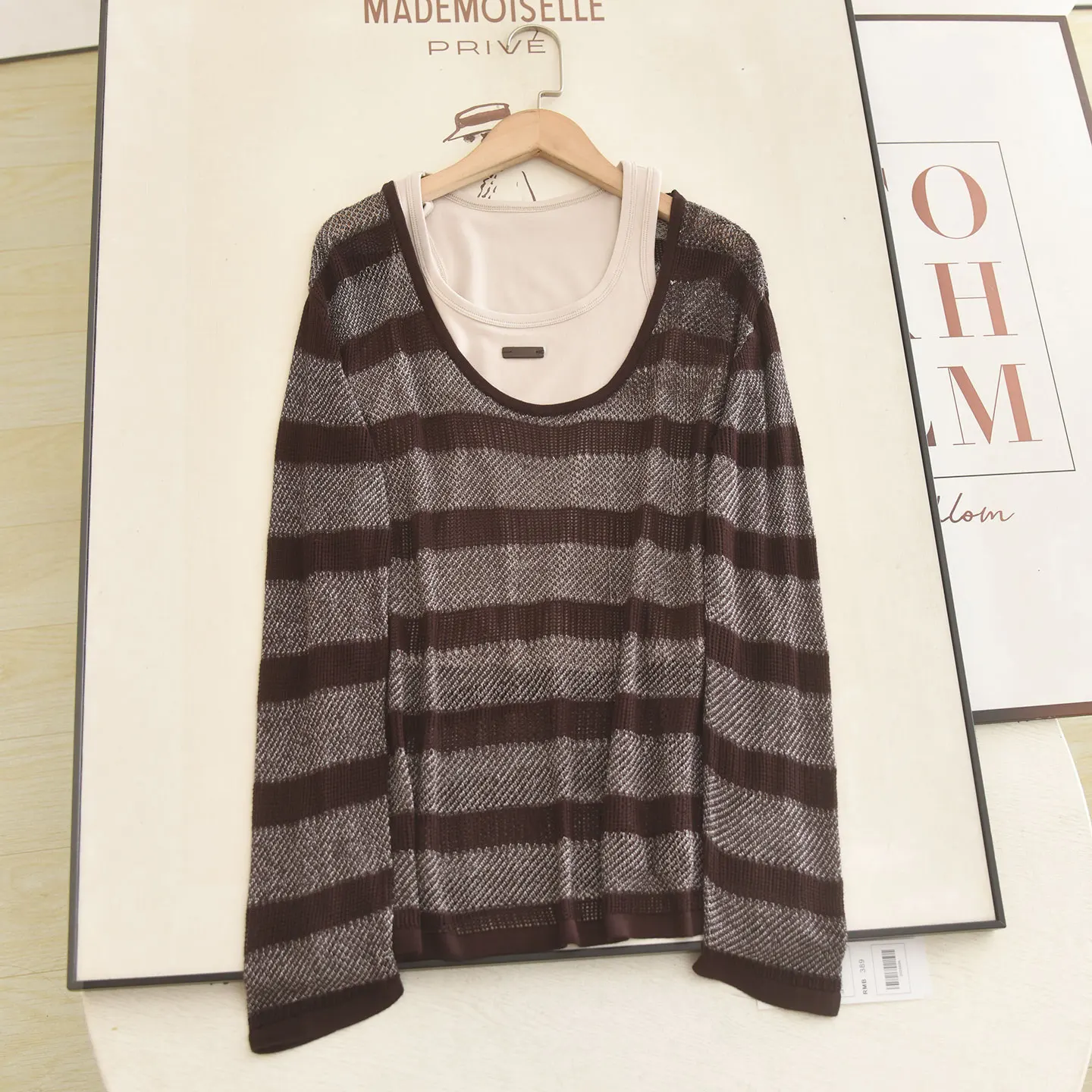 Elegant Lazy Style Bird Hollow out Vest Top And Bottom Set Autumn 2026 Knitted Striped Shirt Long Sleeve round Neck Fashionab...