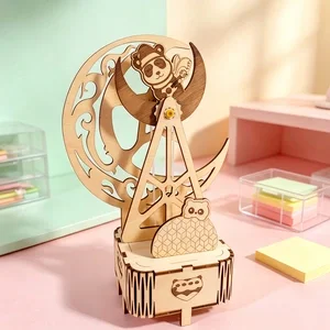 DIY Moon Panda Rotating Gear Music Box 3D Wooden Puzzle Kit