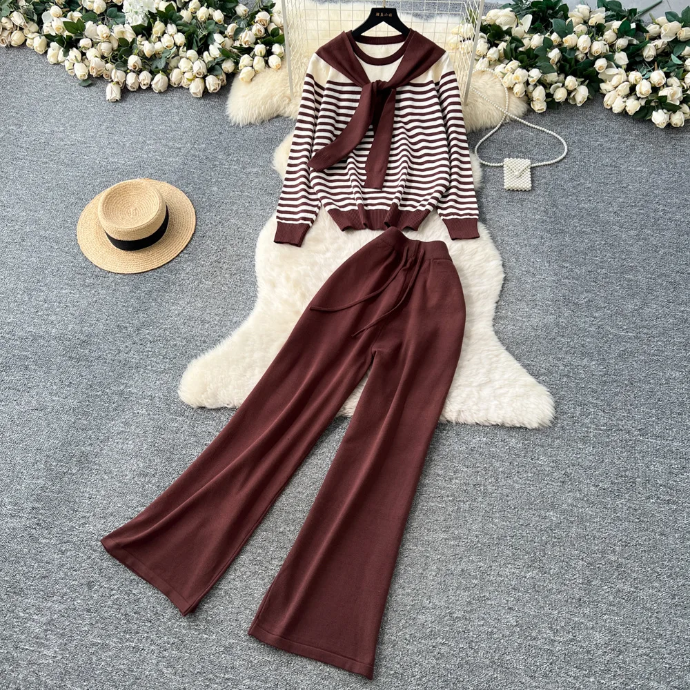 

Pant Set Women Two Piece Sets Striped Round Neck Full Sleeve Shirt Tops Wide Leg Long Pants Lace Up Elastic Waist Y2k Streetwear