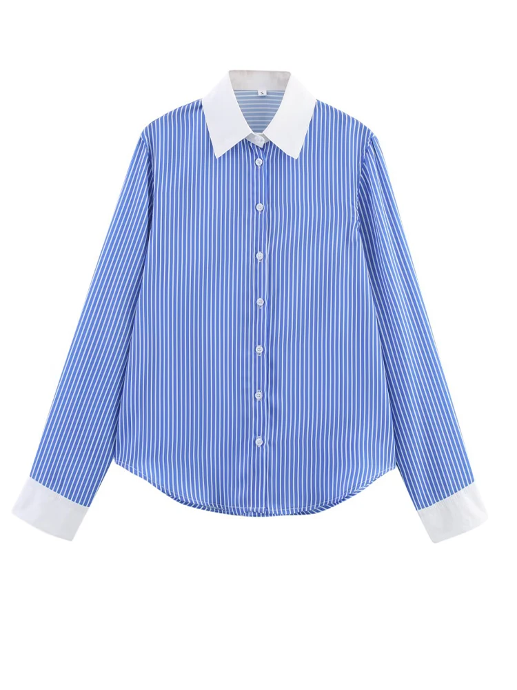 

ZAJIA2005 new women's clothing European and American style color matching striped imitation silk long-sleeved shirt