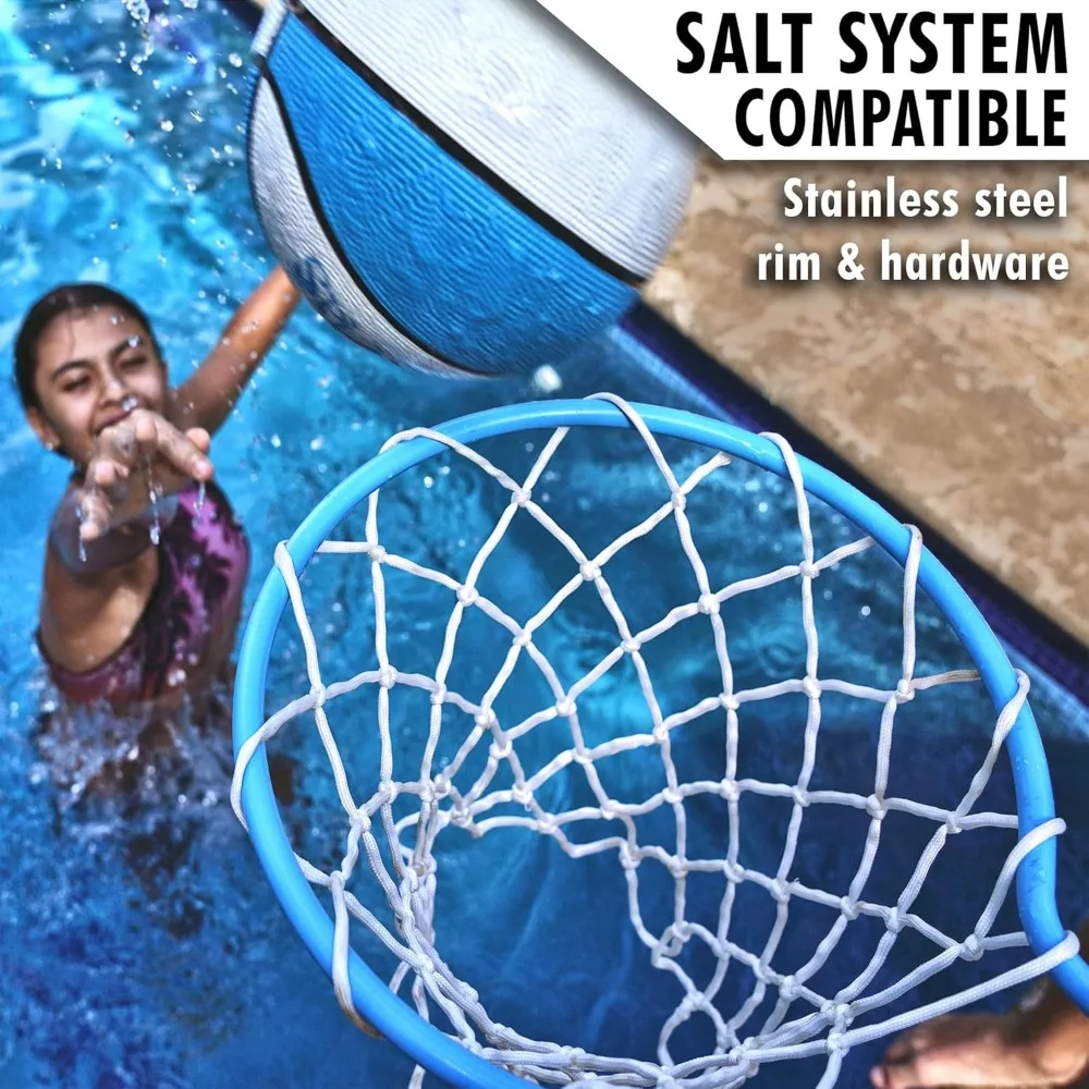 Juego de aro de baloncesto para piscina al aire libre de altura ajustable con llanta de acero inoxidable y pelota incluida, diseño azul claro
