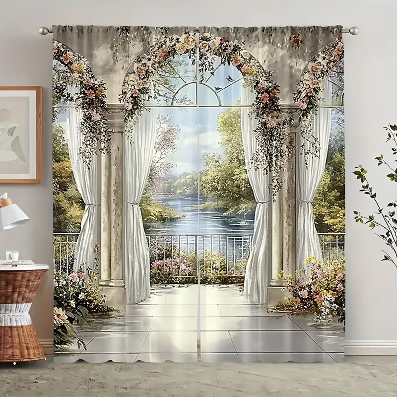 2Pcs Court-style flower archway print curtains,suitable for bedroom,living room kitchen decoration,home decoration,window decor
