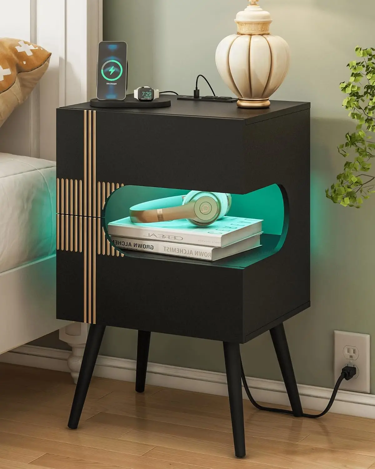 

Black Nightstand with Charging Station & LED Lights, Modern 2-Drawer Bedside Table, Solid Wood Legs, White (Black-2)