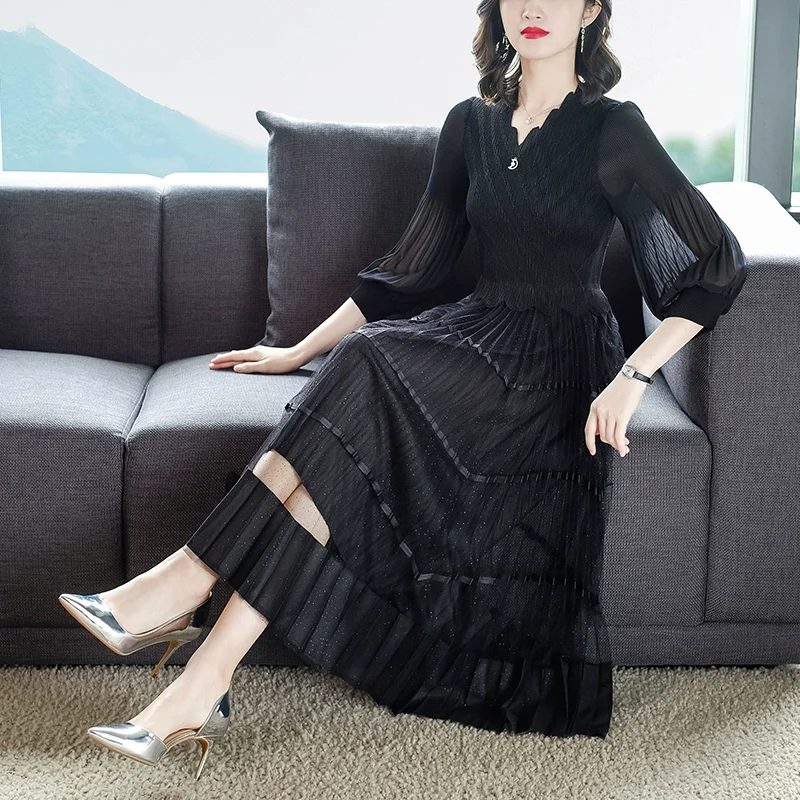 2023 New Fashionable Silk Dress Women\'s Autumn Retro Pleated Bottom Skirt French Loose Tight Casual Vacation Vestidos