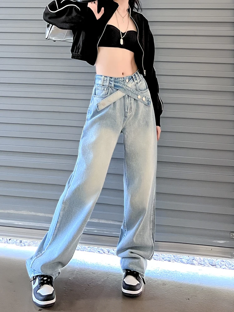 Criss-cross Jeans Women Baggy Fashion Y2k Full Length High Waist Wide Leg Trousers European Style Retro Spring Autumn Hotsweet