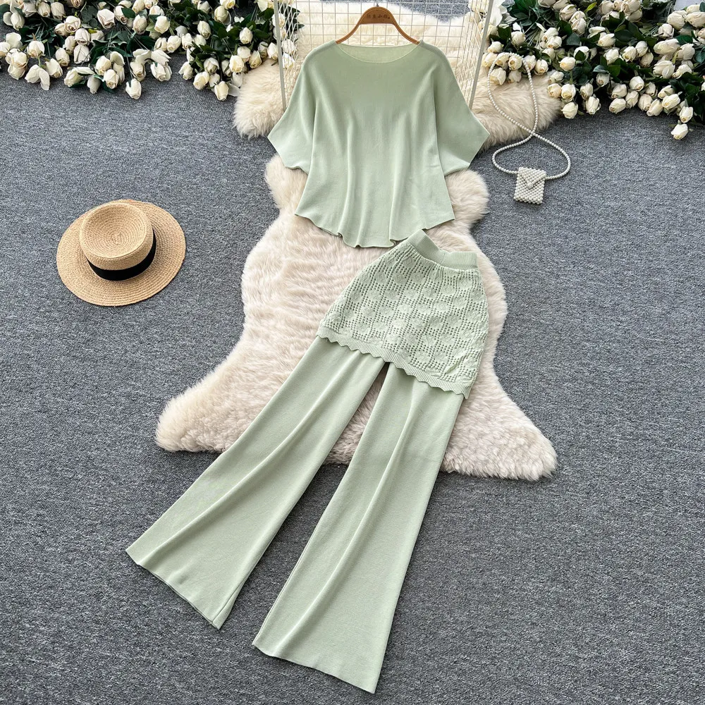 

Pant Set Women Two Piece Sets Round Neck Short Sleeve Tops Wide Leg Long Pants Elastic Waist Y2k Streetwear Elegant Casual
