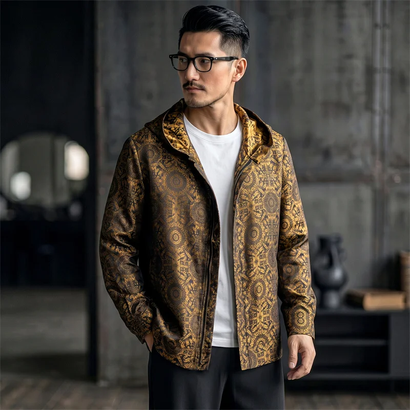 Exquisite Geniune Silk 100% Print Jackets For Man Lightweight Hooded Summer Quality Gambiered Canton Gauze Chamarras Para Hombre