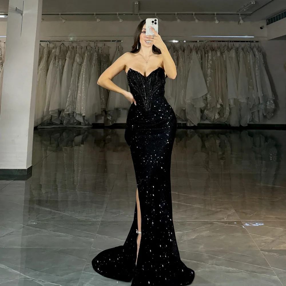 Amanda Customized Black Beading Mermaid Side Slit Prom Dresses Strapless vestidos de noche Sleeveless Backless Formal Evening