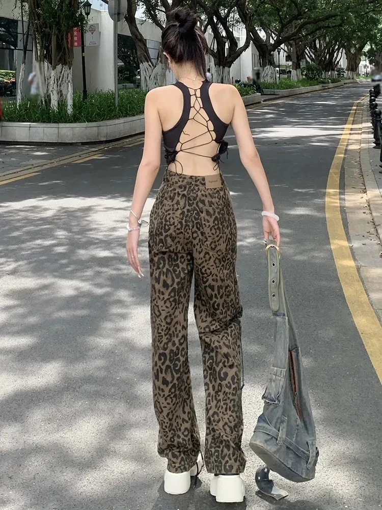 Design leopard print American retro jeans women\'s summer casual wide-leg high street loose straight narrow version long pants