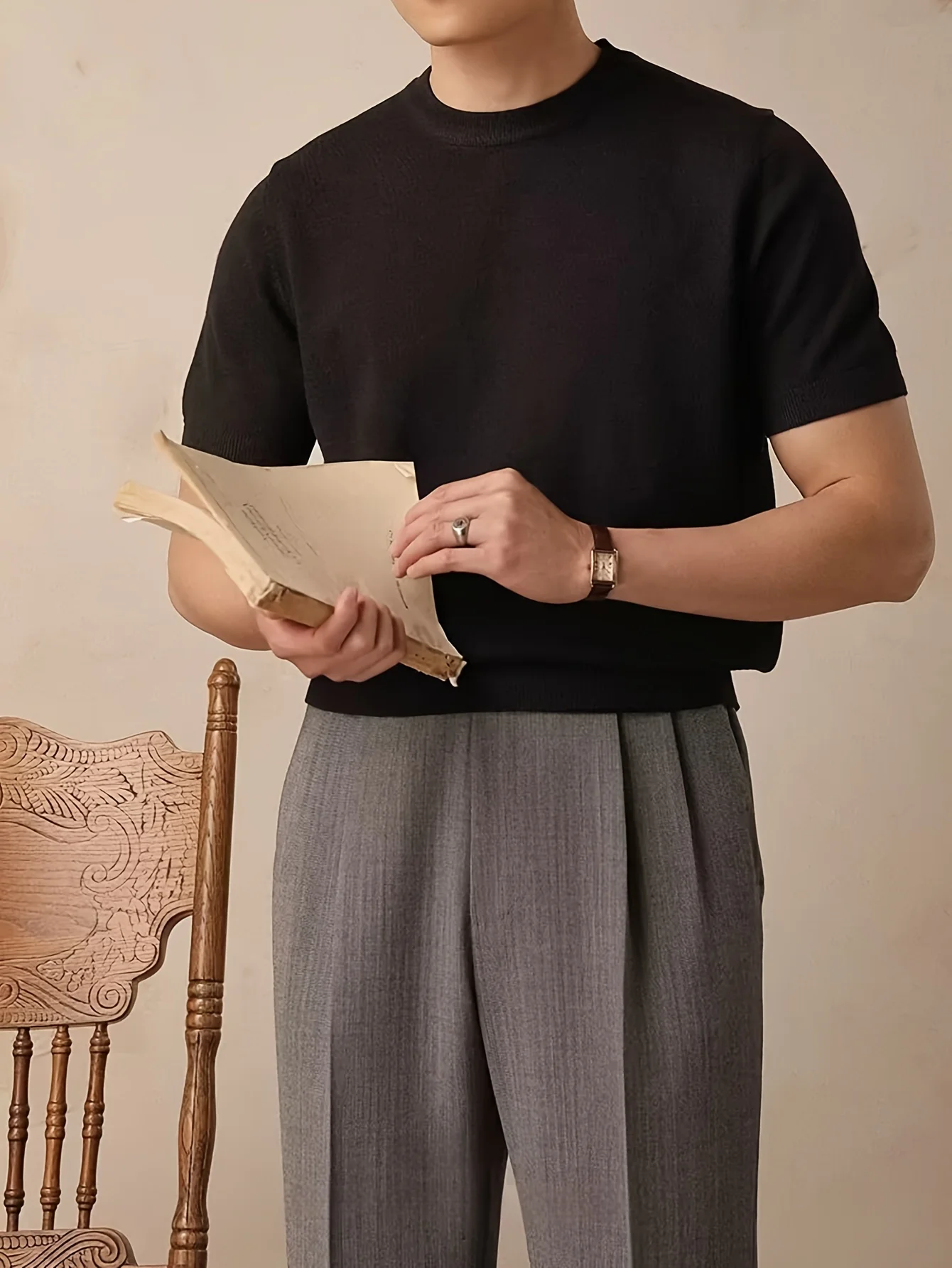 

Spring/Summer New Style Pullover Short-Sleeve Men's Knitted Sweater Regular Style Casual T-Shirt Solid Color Mature-Looking Unde
