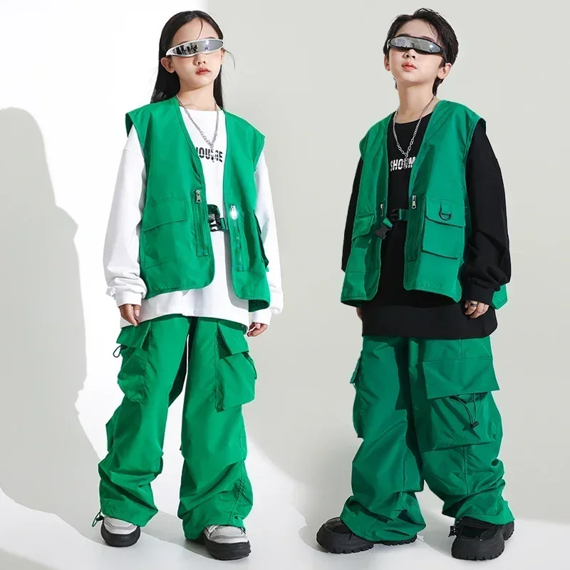 

Cargo Pants for Girl Boy Jazz Dance Costume Clothes Kids Hip Hop Clothing Green Oversize Vest Tops Streetwear Casual Pockets