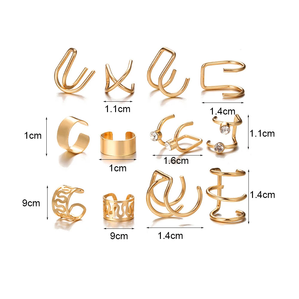 Trendy 12Pcs Ear Clip Set Creative Simple C-Shaped Letter Pierced Ear Clip for Women Geometric Jewelry Gift Silver Color