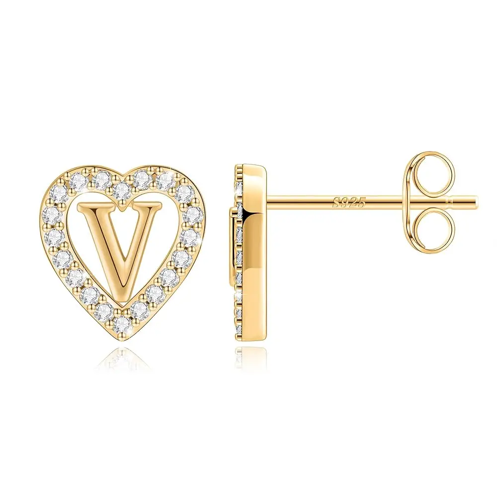 

Серьги-гвоздики Anoup Heart Initial - подарок для девочек, гипоаллергенные, с серебряным штифтом и покрытием из 14-каратного золота. | CZ Simula