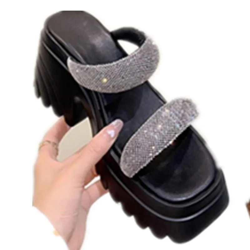 NEW Fashion Bling Sandals Women Summer Breathable Wedges High Heels Ladies Crystal Beach Slippers Chunky Shoes Fashion Pumps 40