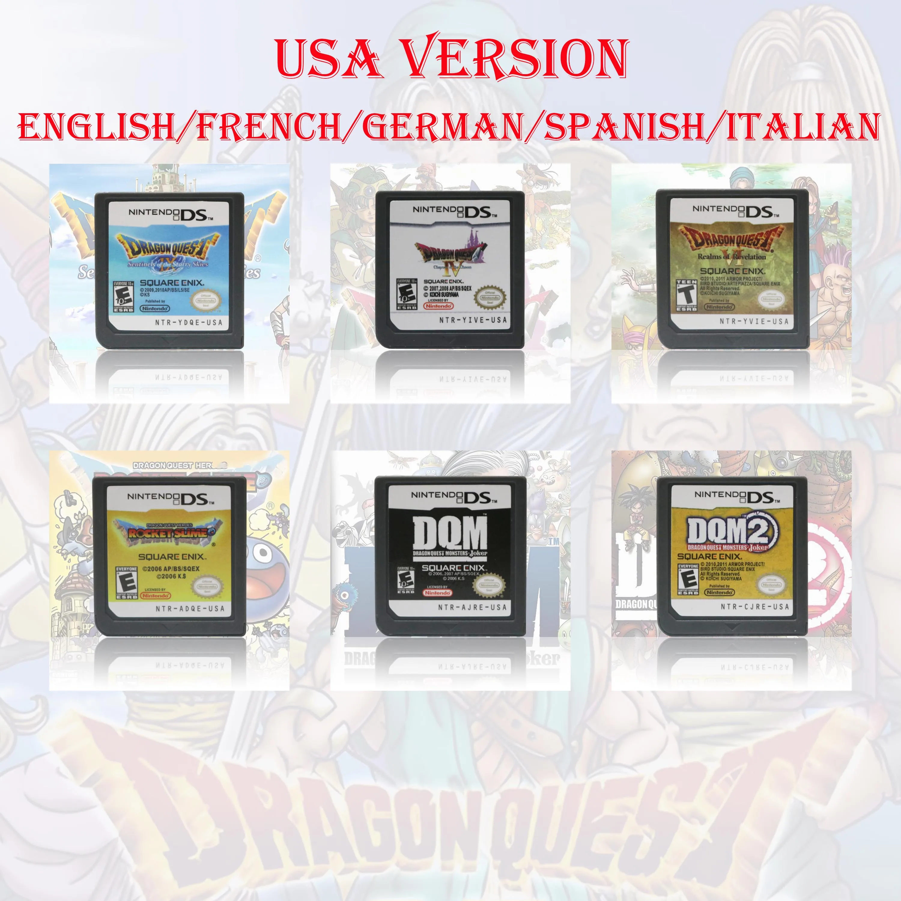 

Dragon Quest IV / VI / IX / Joker 2 / Heroes Rocket Slime Version DS Game Cartridge Video Game Card USA Version Multi Language