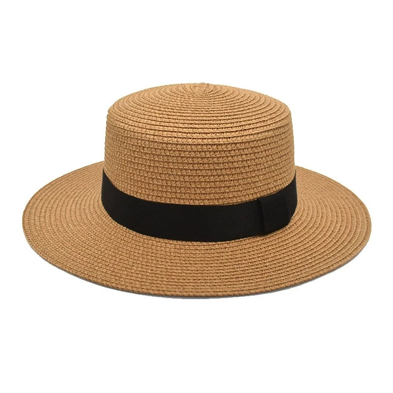 Sommer Sonnenschutz Strand Strohhut mit flacher Krempe Stroh gewebter Sonnenschutzhut Strandhut mit breiter Krempe – Detail 10