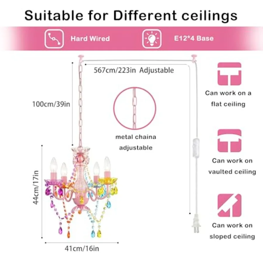 Plug in Chandeliers 4-Light Small Hanging Ceiling Lamp with 20Feet Cord No Hardwire Chandeliers for Dining Room Girls' Bedroom