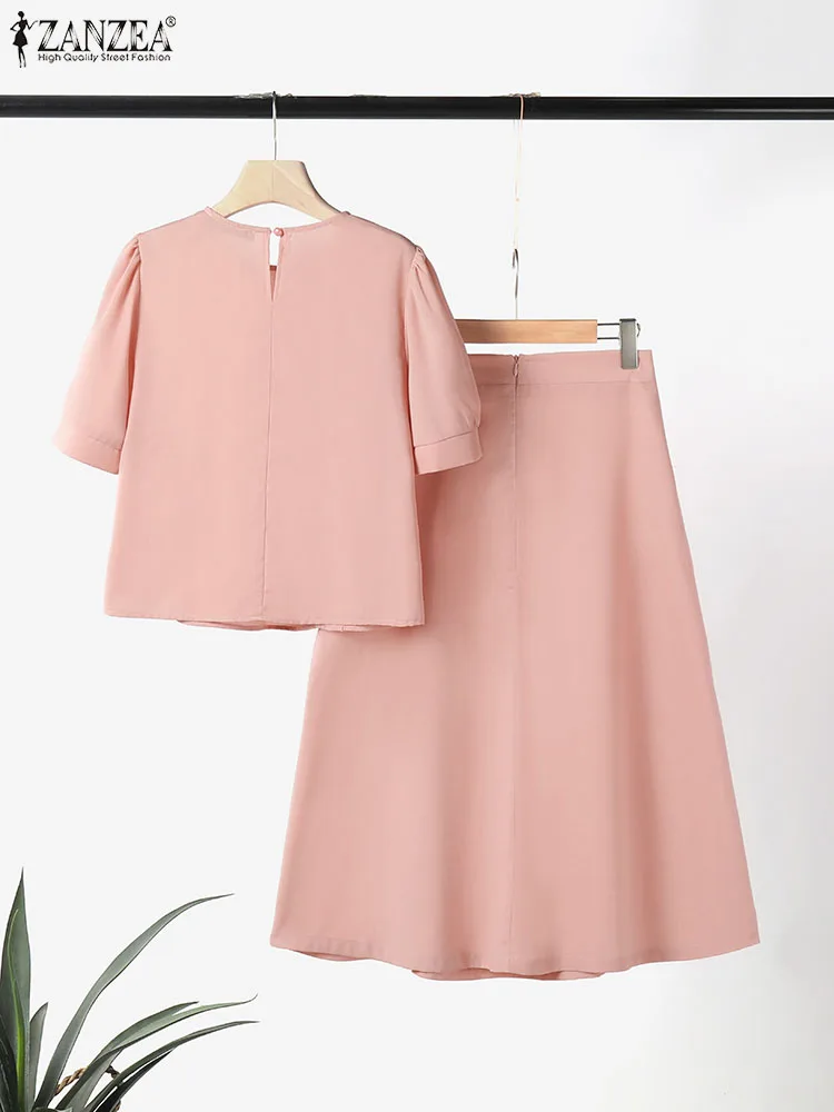 ZANZEA Elegant Women 2PCS Dress Sets Summer Puff Short Sleeve Suit Vintage Ruffled Buttons Outfits Formal Office Long Skirt Sets