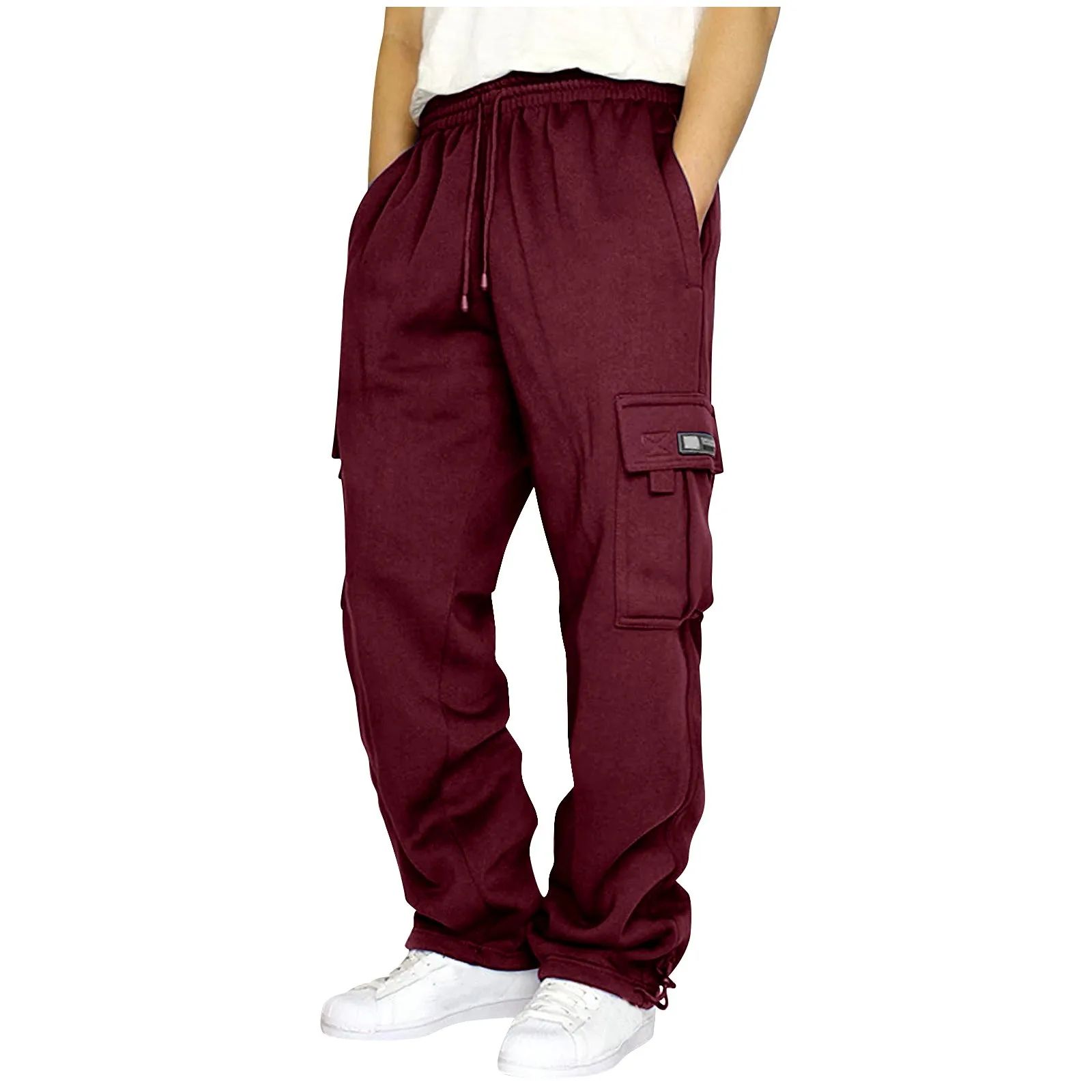 Men's Sweatpants Solid Color Elastic Waist Drawstring Baggy Long Pants Plus Size Multi-Pocket Sport Casual Fitness Harem Trouser