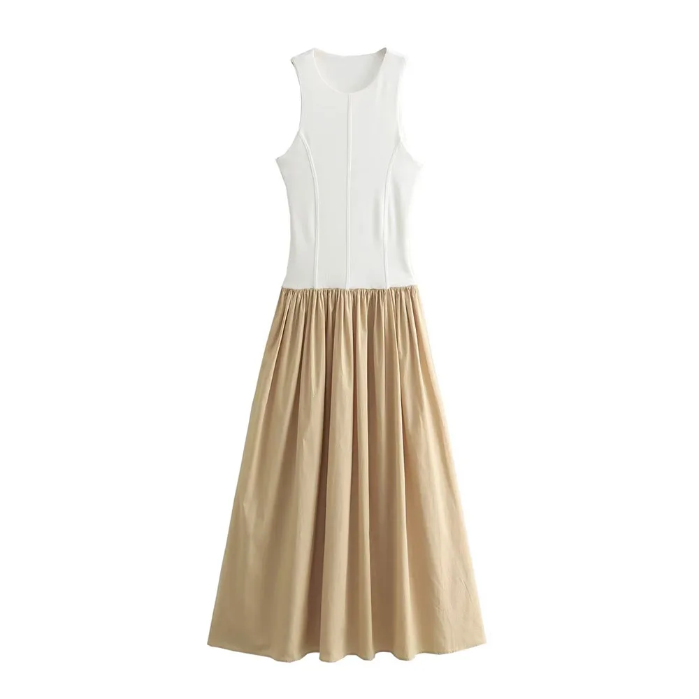 

2024 spring and summer new women's clothing temperament versatile round neck sleeveless waist stitching dress long skirt