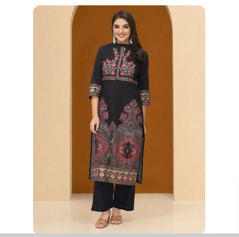 Indian traditional clothing printed pure cotton thin standing collar seven quarter sleeve top