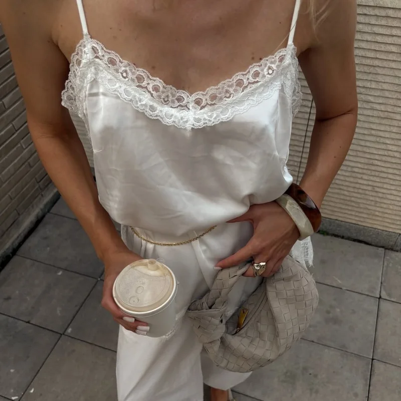 Split Side Lace Patchwork Satin Cami Tops for Women Spaghetti Strap Sexy V Neck Silk Camisole Going Out Party Shirts