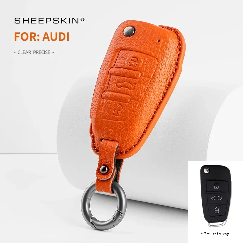 For Audi A1 A3 A6 A6L Q2 Q3 Q7 TTS R8 S6 RS3 2021 2022 2023 GoatSkin Leather Car Remote Sheepskin Key Cover Case Shell Keychain